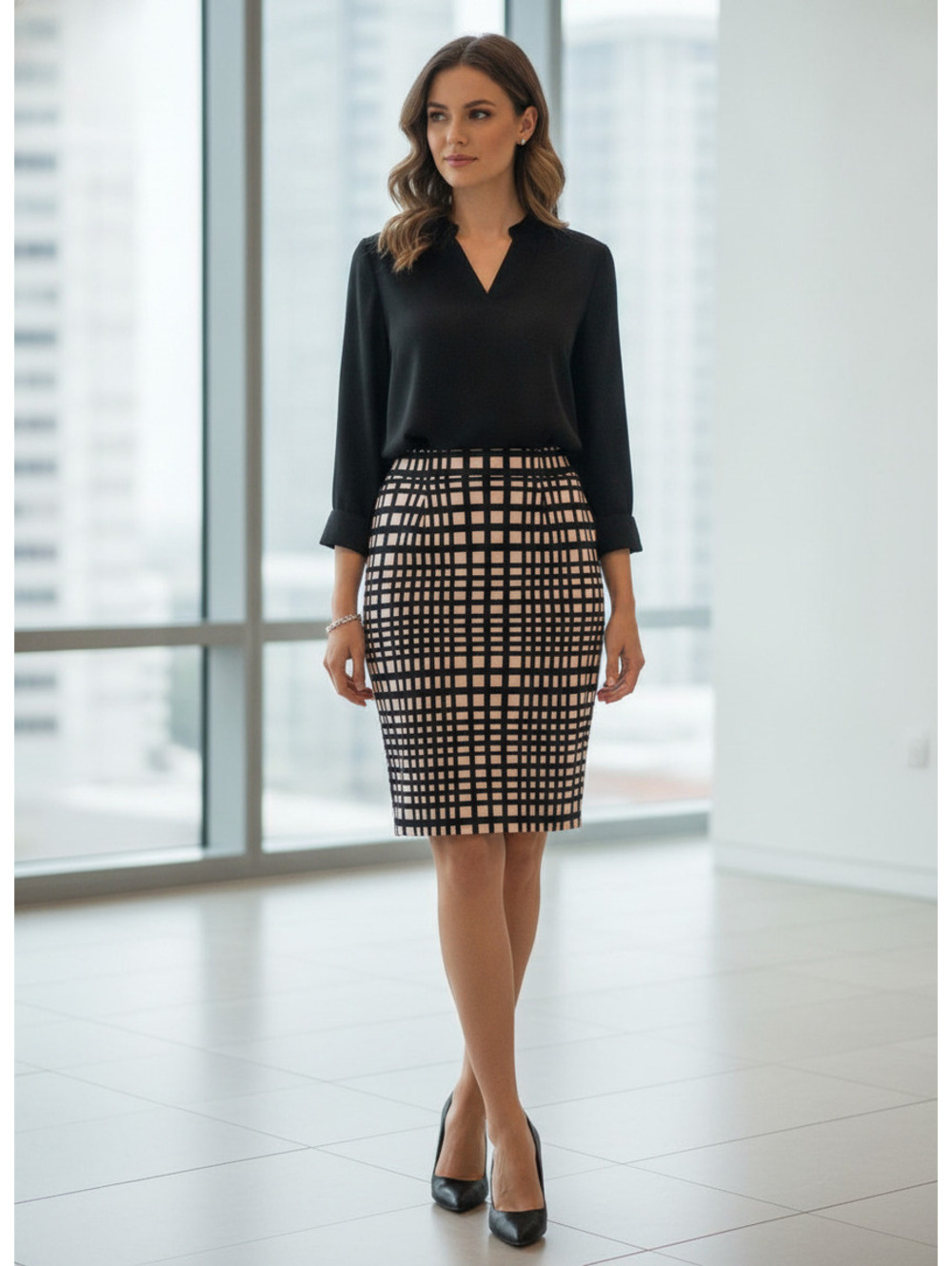 Black and Beige Checkered Pencil Skirt with Front Slit - Professional and Chic